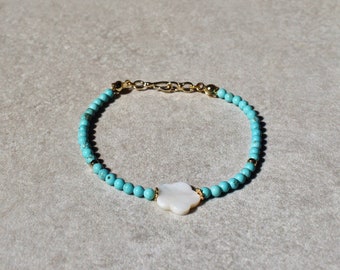 Dainty turquoise beaded bracelet, genuine blue turquoise 4mm bracelet with pearl,  flower girl bracelet,  gift for her, gift for sister