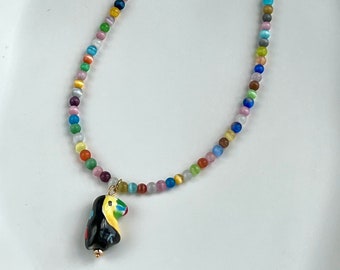Multicolor beaded necklace with toucan charm, cat eye bright necklace for women with pendant, summer bohemian necklace, stacking necklace
