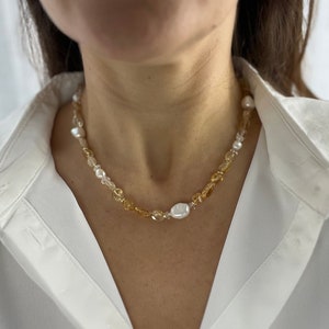 Citrine and Baroque Pearl Necklace: Gemstone Healing Crystal
