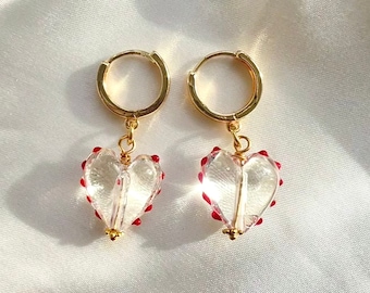 Heart shape Murano glass earrings. Golden plated hoops with clear glass  hearts and red dots, romantic red heart earrings, Valentines gift