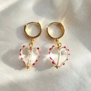 Heart shape Murano glass earrings. Golden plated hoops with clear glass hearts and red dots, romantic red heart earrings, Valentines gift image 1