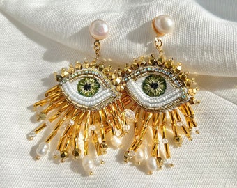 Evil eye earrings, handmade embroidered  boho earrings, beaded gold eye earrings, fringe earrings, statement earrings