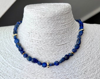 Lapis lazuli irregular stones and hematite necklaces, blue precious stone necklace.  Lapis lazuli necklace gold