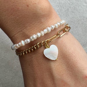 Dainty pearl beaded bracelet, genuine pearl bracelet, elegant pearl bracelet, gemstone bracelet for women, mixed chain gold color bracelet