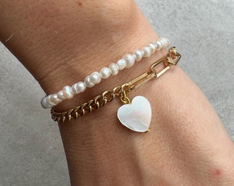 Dainty pearl beaded bracelet, genuine pearl bracelet, elegant pearl bracelet, gemstone bracelet for women, mixed chain gold color bracelet