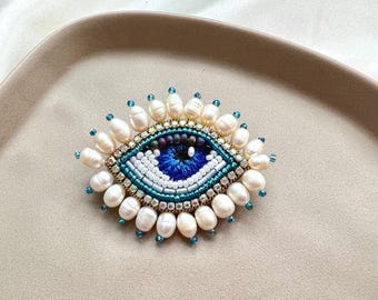 Handmade Evil Eye Brooch: Beaded Amulet Pin with genuine pearls