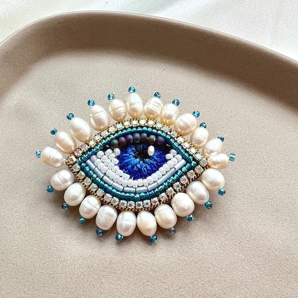 Handmade Evil Eye Brooch: Beaded Amulet Pin with genuine pearls