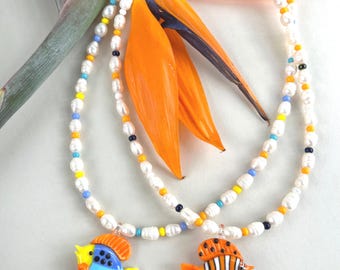 Large Fish Pearl Necklace, chunky summer choker