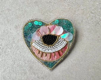 Embroidered brooch Love heart, gift for mother, beaded heart brooch, boho embroidery brooch, protection amulet brooch