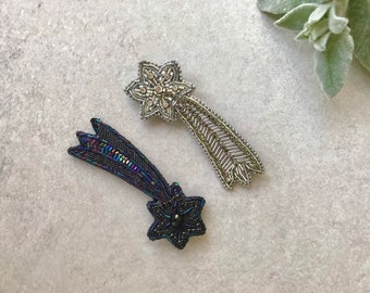 Shooting star embroidery brooch, Star beaded brooch, Personalised ornament brooch, embroidered brooch art, Make a wish gift, cosmic star pin