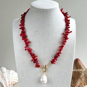 Red Coral and Baroque Pearl Choker: Semiprecious Gemstone Necklace
