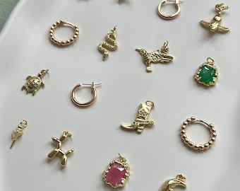 Jewellery charms for earrings, gold plated charms for chains, necklaces pendants, cowboy boot pendant, tortoise charm, moon charm snake.