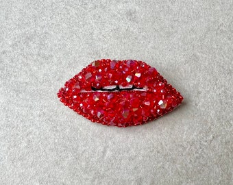 Red Lips handmade Brooch, pin crystals and seed beads, beaded red lips brooch, embroidered brooch art, pin lips embroidery design