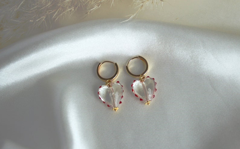 Heart shape Murano glass earrings. Golden plated hoops with clear glass hearts and red dots, romantic red heart earrings, Valentines gift image 3