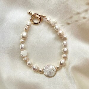 Pearl bracelet with coin shape pearl, baroque pearl bracelet with various style pearls. Irregular size pearls bracelet. Bride pearl bracelet image 1