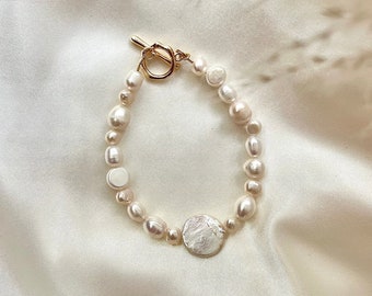 Pearl bracelet with coin shape pearl, baroque pearl bracelet with various style pearls. Irregular size pearls bracelet. Bride pearl bracelet