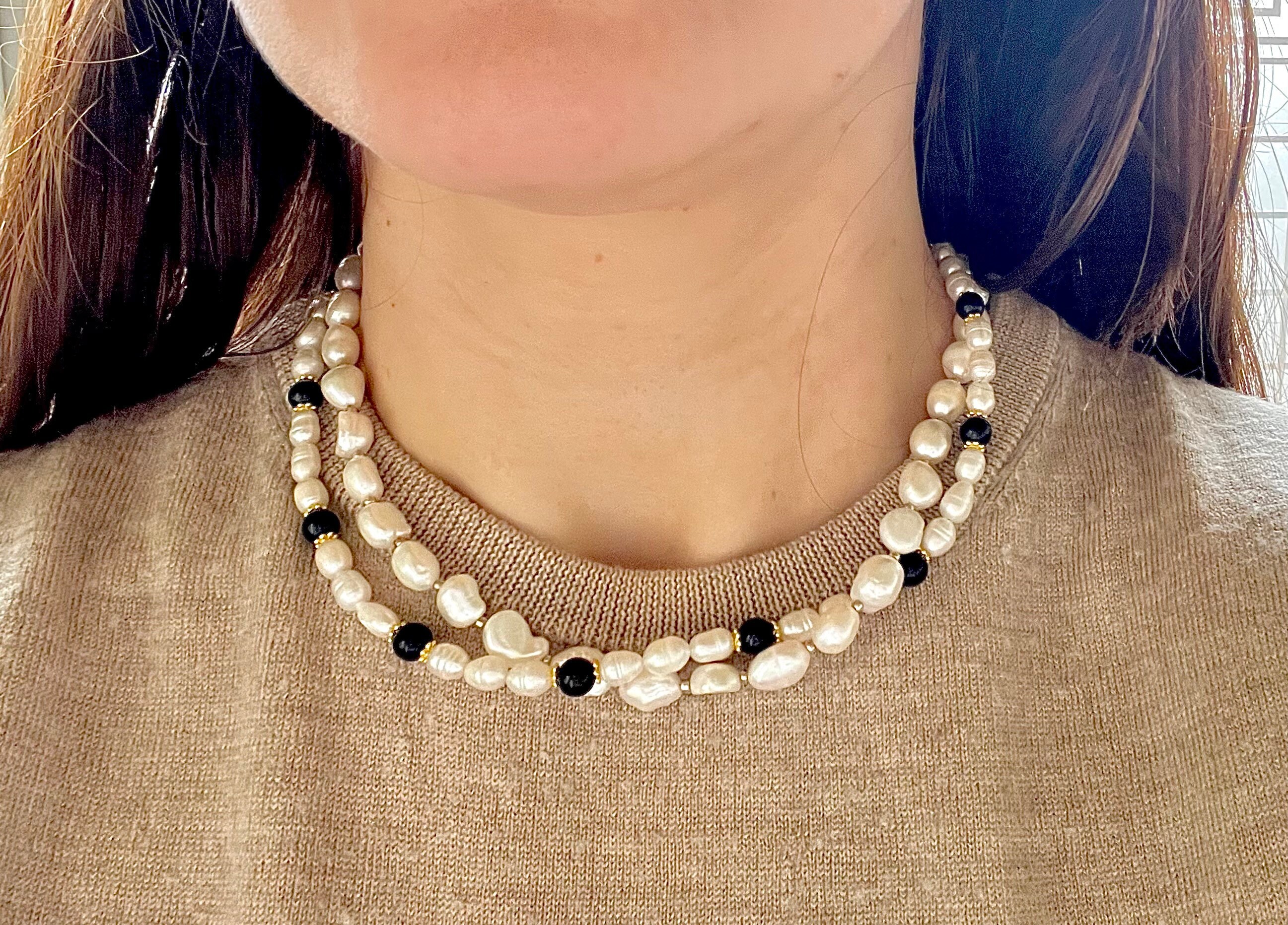 Pearl Necklace with Black onyx beads black and White Pearl Choker pearl necklace for men irregular pearl necklace
