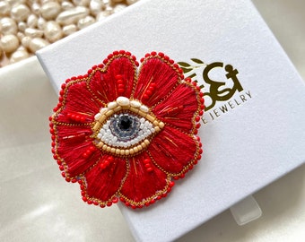Flower with eye embroidery brooch, red flower brooch, beaded flower pin, handmade flower embroidered brooch, flower evil eye badge quirky