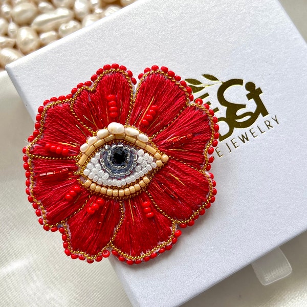Flower with eye embroidery brooch, red flower brooch, beaded flower pin, handmade flower embroidered brooch, flower evil eye badge quirky