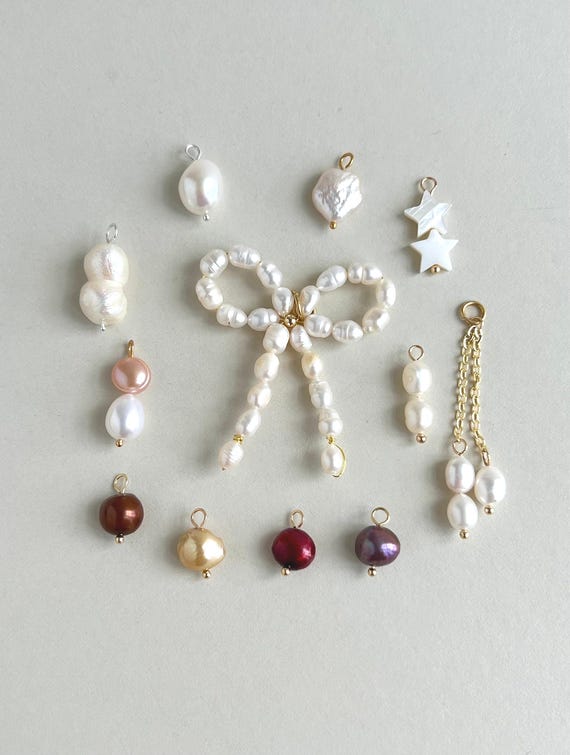 Genuine Pearl Charms: Gold Plated Bow, Stars, Rice Pearl Pendants