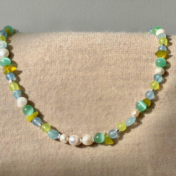 Precious stones and pearls necklace, blue and green stones choker, green cat eye and aquamarine necklace, handmade beaded women necklace
