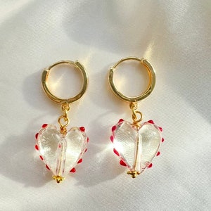 Heart shape Murano glass earrings. Golden plated hoops with clear glass hearts and red dots, romantic red heart earrings, Valentines gift image 2