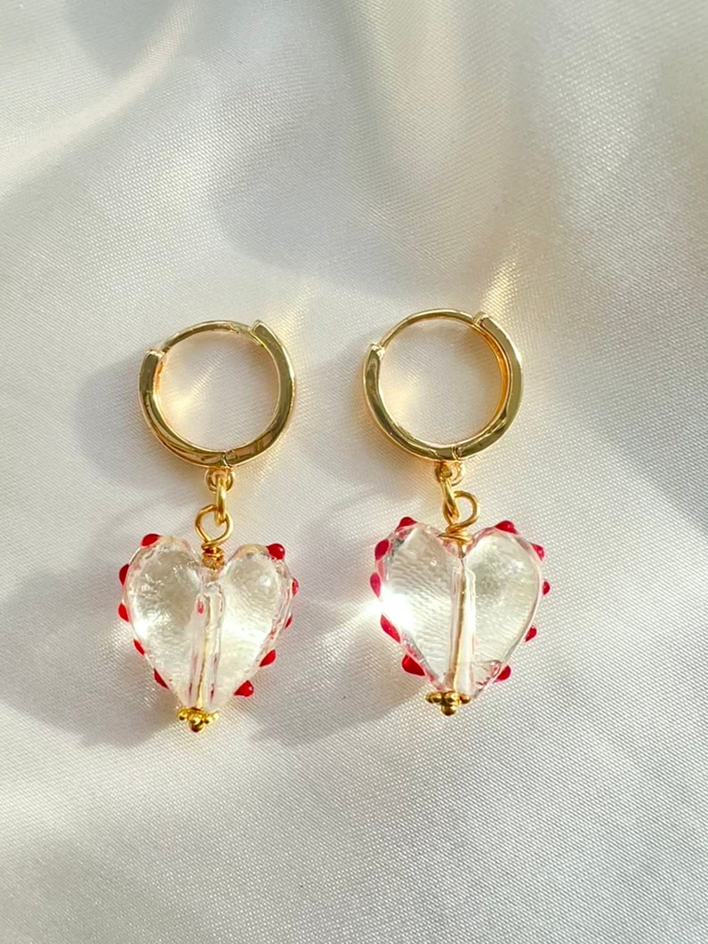 Heart shape Murano glass earrings. Golden plated hoops with clear glass hearts and red dots, romantic red heart earrings, Valentines gift image 2