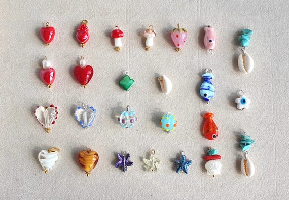 Glass & Ceramic Charms: Fish, Heart, Mushroom Pendants