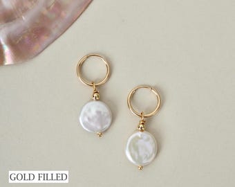 Gold Filled Coin Pearl Hoop Earrings: Dangle Freshwater Pearls