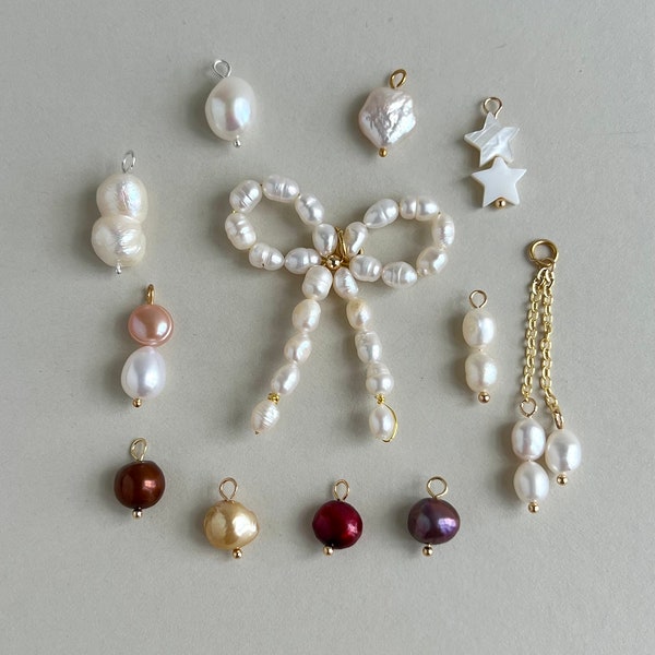 Pearl charms for earrings, genuine pearl charms for chains, jewelry charm, mother of pearl charms, earring charms hoops, pearls bow pendant