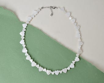 Mother of Pearl Heart Choker: Beaded Nacre Necklace