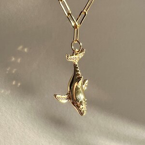 May include: A gold chain necklace with a whale pendant. The whale is detailed with small, clear stones.
