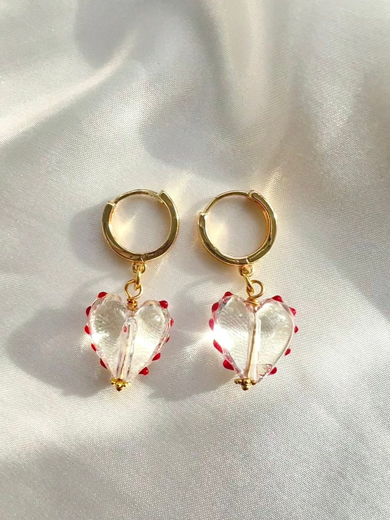 Heart shape Murano glass earrings. Golden plated hoops with clear glass hearts and red dots, romantic red heart earrings, Valentines gift image 1