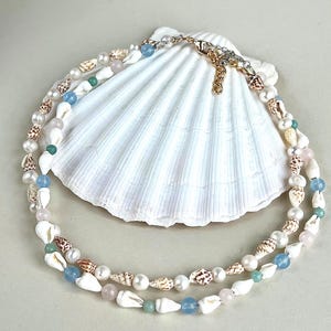 Choker in conchiglia di ciprea e perle d'acqua dolce: collana di pietre preziose e conchiglie, gioielli Boho Beach