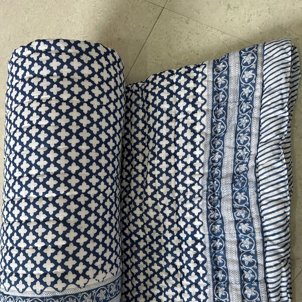 Indian Blue Color Jaipuri Block Print Quilt Printed Reversible Razai Cotton Handmade Block Print design Quilt For Home Decor, Easy to use