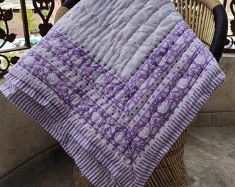 Purple Floral Hand Block Print Quilt | Cotton Razai Blanket | Twin Queen King Size | Reversible Indian Bedding, Purple Block Print Quilt