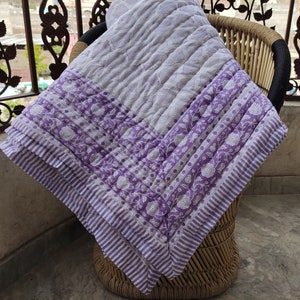 Purple Floral Hand Block Print Quilt | Cotton Razai Blanket | Twin Queen King Size | Reversible Indian Bedding, Purple Block Print Quilt
