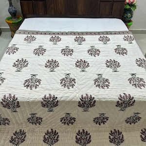 Beautiful Floral Jaipuri Block Print Quilt, Reversible Printed Razai Cotton Handmade Floral Quilt, Jaipuri Razai, Bedspreads Decor Comforter