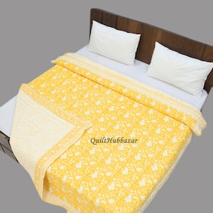 Vintage Quilt, Hand Block Print, Handmade Queen floral Quilt, Gift, Cotton Quilt, Cotton Blanket, Handmade Bedspread, Cotton Blanket Throw