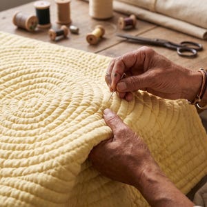 May include: A person's hands are shown sewing a yellow quilted cushion with a circular design. The cushion is on a wooden table with spools of thread and scissors in the background. The cushion has a spiral pattern.