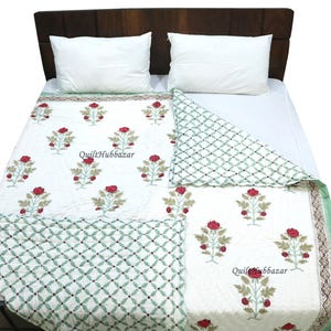 Rose Floral Block Print Cotton Quilt: Reversible Queen Bedspread