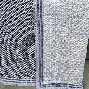 Indigo Blue Hand Block Print Quilt - Geometric Cotton Jaipuri Razai - Blue & White Bedspread