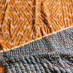 Floral Block Print Cotton Quilt: Reversible Jaipuri Bedspread