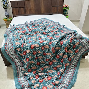 Hand Block Printed Cotton Quilt: Indian Kantha Bedcover