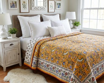 Handmade Yellow Floral Quilt - Soft Reversible Summer Blanket - Boho Gift for Her