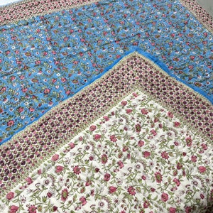 Blue Floral Hand Block Print Quilt | Cotton Blanket | King Queen Twin Size | Reversible Jaipuri Razai Bedding ,Traditional Printing, Artisan