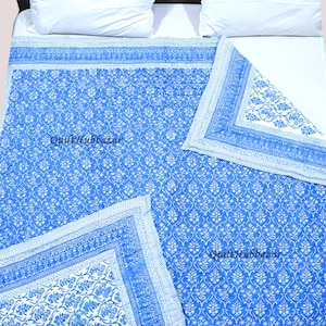 Jaipuri Blue Block Print Cotton Quilt: Reversible Boho Bedspread