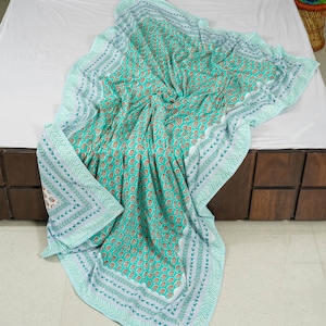 Hand Block Print Cotton Dohar Handmade Ac Blanket Reversible Dohar Ac Comforter, Indian Comforter, Sea Green Color Blanket, Throw, AC Quilt