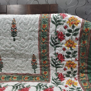 Anokhi Indian Jaipuri Block Print Quilt Printed Reversible Razai Cotton Handmade Floral Quilt, Jaipuri razai, Bedspread Comforter, Quilt,