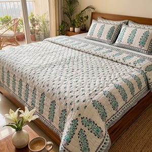 Handmade Indian Floral Quilt with Matching Pillows - Soft Sage Green Razai - Cotton Duvet Alternative